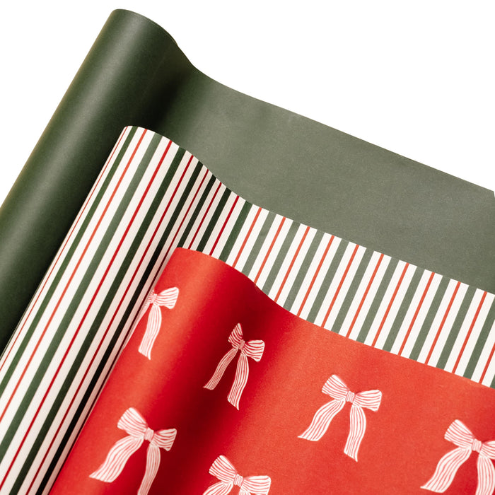 Merry Market Christmas Wrapping Paper Rolls, Premium Matte Gift Wrap, 30” x 168” Large Roll, Bows Stripes Design, Holiday Gift Wrapping