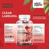 Wild & Organic Korean Panax Red Ginseng Gummies - Energy & Brain Supplements Gummy Vitamins - Memory, Mental Focus & Immune Support Vegan Supplement - 1500 mg 60 Chews