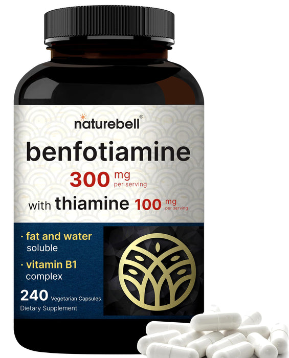 NatureBell Benfotiamine 300mg with Thiamine 100mg Per Serving | 240 Veggie Capsules – Essential Vitamin B1 Benfotiamine Supplement – Vegetarian Friendly