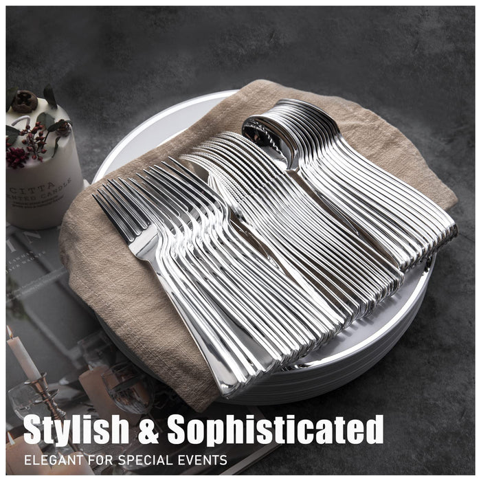 WDF 300 Pieces Silver Plastic Silverware - Plastic Silverware- Plastic Silverware Heavy Duty - 100 Forks 100 Knives 100 Spoons - Disposable Silver Plastic Cutlery Perfect for Party/Wedding/Christmas