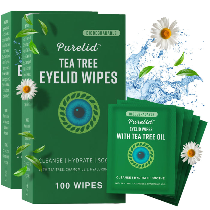 PURELID 200 PCs Tea Tree Eyelid Wipes – Cleaning Eye Wipes for People with Dry Eyes – Gentle Eyelid Cleanser with Hyaluronic Acid, Chamomile and Aloe – Individually Wrapped & Biodegradable - 2 pack