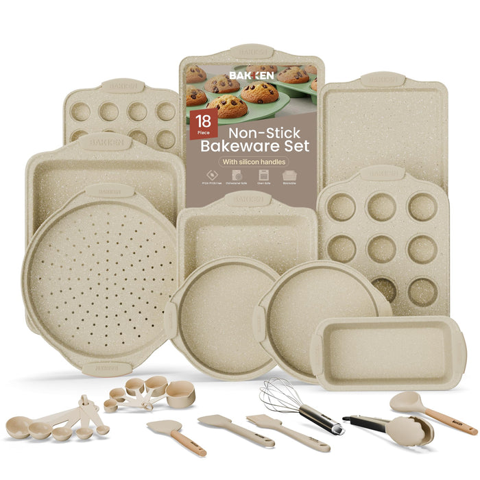 BAKKENMASTER 18-Piece Deluxe Nonstick Carbon Steel Bakeware Set - Professional Kitchen Oven Baking Pans with White Silicone Handles and Accessories