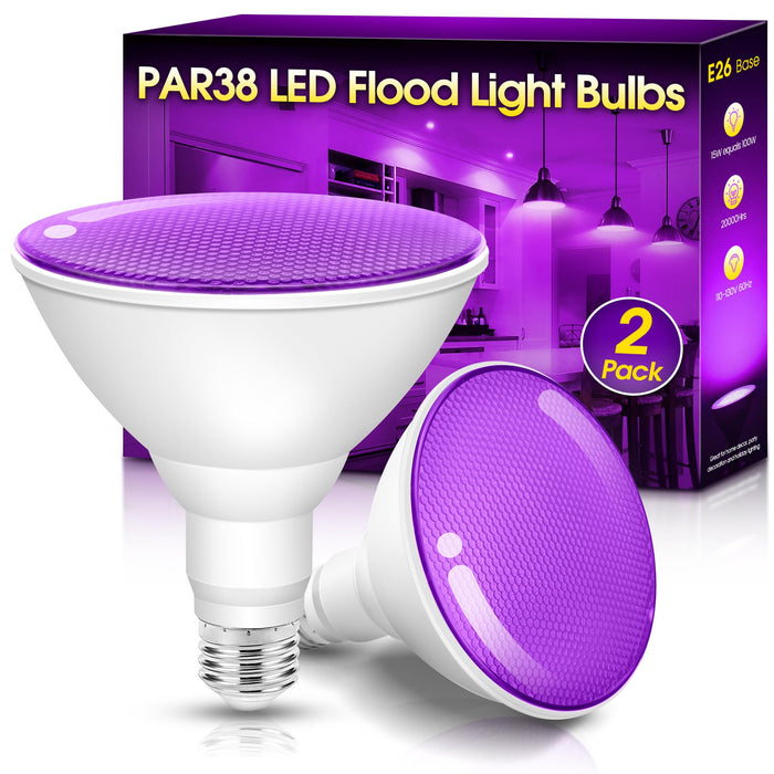 Purple Flood Light Bulbs Outdoor 2 Pack, Par38 LED Purple Light Bulbs Not-dimmable15W(100W Equivalent) E26 Purple Light Bulb Halloween Christmas Decorations Light Bulbs for Porch Home Holiday Lighting