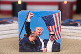 Trump Fight Fight Fight Stone Coaster Set of 4, Trump Shot Assassination Attempt, absorbent square coasters with holder. Holiday gift. Christmas gift. Trump Gift.