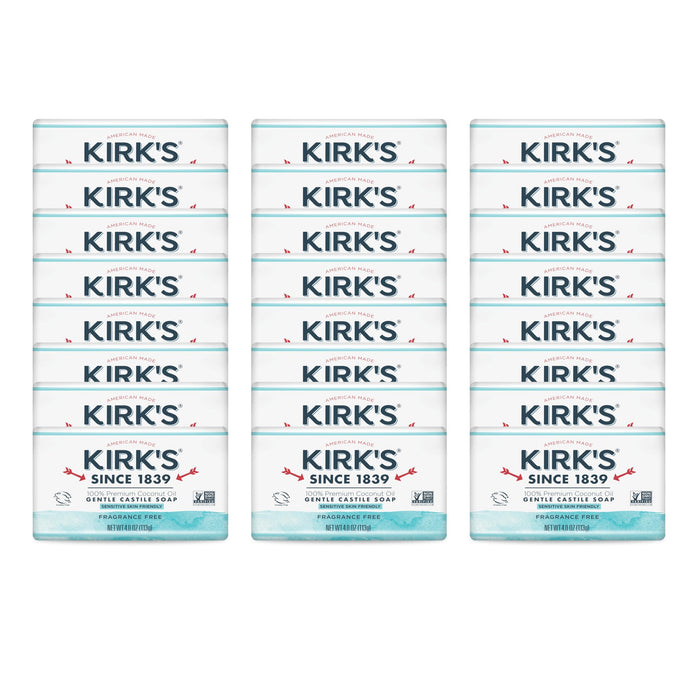 Kirk's Castile Bar Soap Clean Soap for Men, Women & Children | Premium Coconut Oil | Sensitive Skin Formula, Vegan | Fragrance-Free/Unscented | 4 oz. Bars - 24 Pack