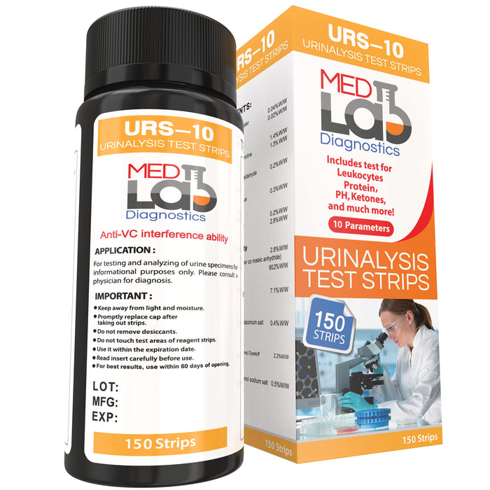 Med Lab Diagnostics 10 Parameter Urine Test Strips for Urinalysis(150 Cnt) in Sealed Pouches. Tests for Ketosis, pH, Protein, UTI, Kidney and Liver Function