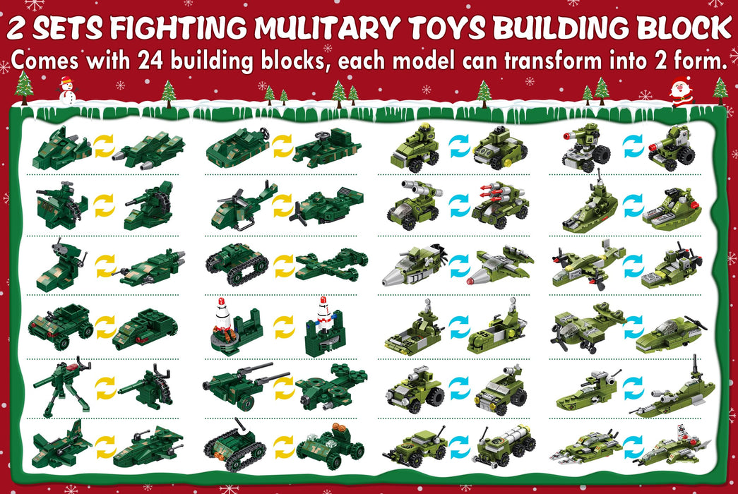 Kids Advent Calendar 2024 for Boys, 24 Days Christmas STEM Military Toys Building Blocks Countdown Calendar Gifts Box with 12-in-1 Tank & Fighter Plane Bricks Toys Set for Kids Teens Girls Boys Age 6+