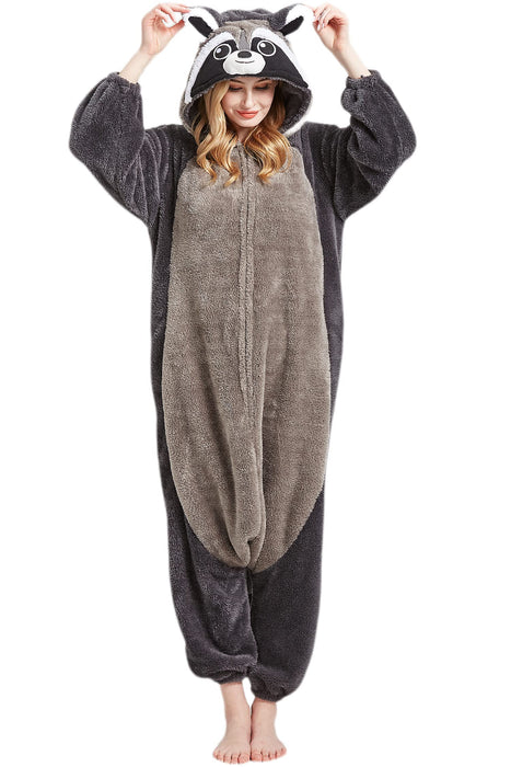 DarkCom Onesie Christmas Pajamas Adult Animal Halloween Costume Cosplay Gray Raccoon One Piece Unisex Homewear Polar Fleece Sleepwear Medium