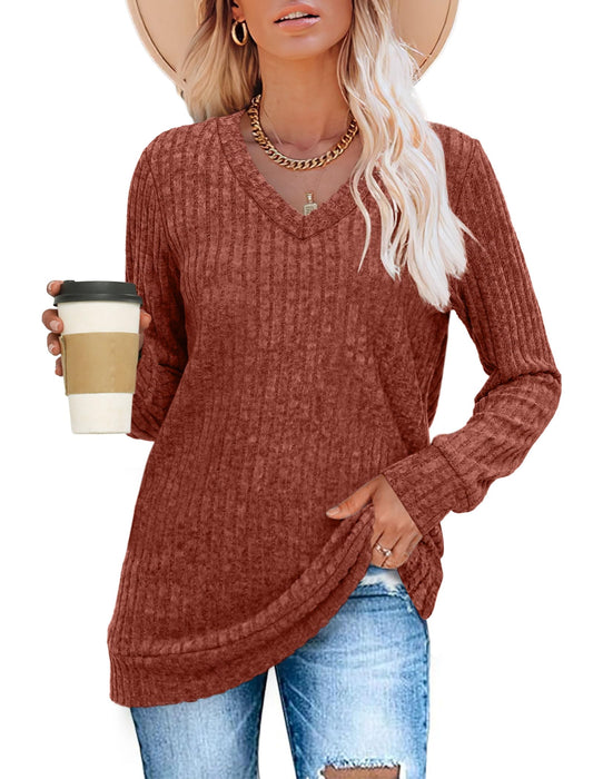 SAMPEEL Fall Outfits for Women 2024 V Neck Long Sleeve Shirts Casual Tops Halloween Sweaters Trendy Caramel S