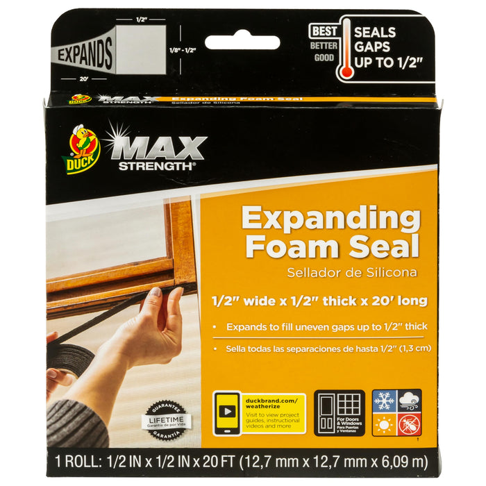 Duck Max Strength Expanding Foam Seal for Doors and Windows, .5 in. x .5 in. x 20 ft., Expands to Fit Uneven Gaps up to 1/2 Inch Thick, Cut to Size, Black, 1-Roll