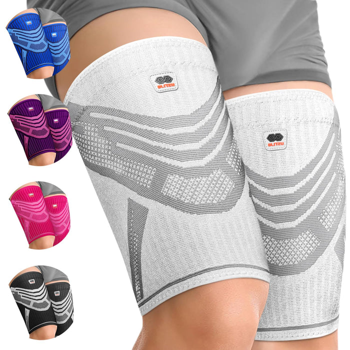 BLITZU Thigh Compression Sleeves (Pair) Quad, Groin and Hamstring Support. Upper Leg Sleeves for Men and Women. Thigh Braces for Thigh Pain. Upper Thigh Wrap for Pulled Muscle Relief WHITE, M