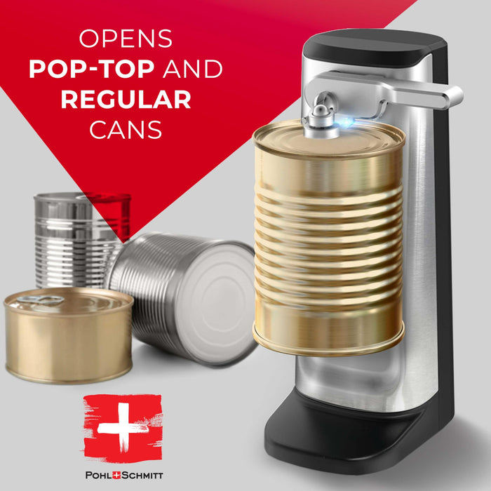 POHL SCHMITT Electric Can Opener Smooth Edge with Knife Sharpener & Bottle Opener - Easy Push Down Lever - All Standard-Size & Pop-Top Cans - Durable Stainless Steel & ABS, Kitchen Accessories