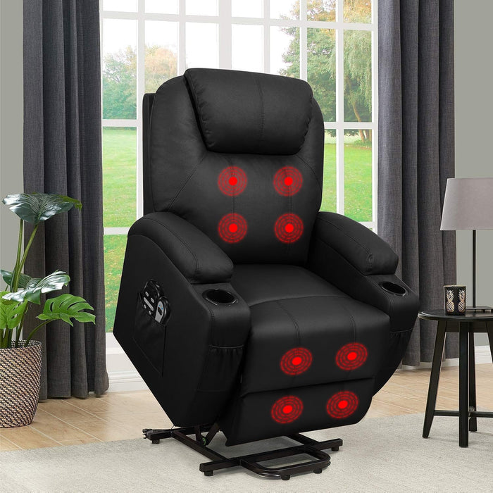 Flamaker Power Lift Recliner Chair PU Leather with Massage for Elderly Ergonomic Lounge Chair Classic Single Sofa with 2 Cup Holders Side Pockets Home Theater Seat (Leather, Light Black)