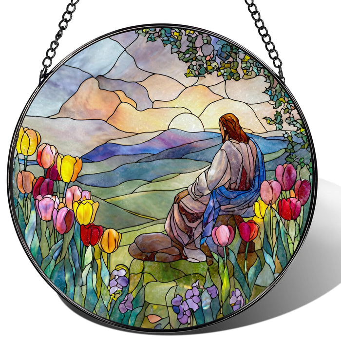 Stained Glass Suncatcher, Jesus and Sunrise Sun Catcher Ornament; Stained Glass Window Hanging, Christmas Ornament, Christian Home Decor; Baptism Gift, Christian Gifts, Religious Gifts