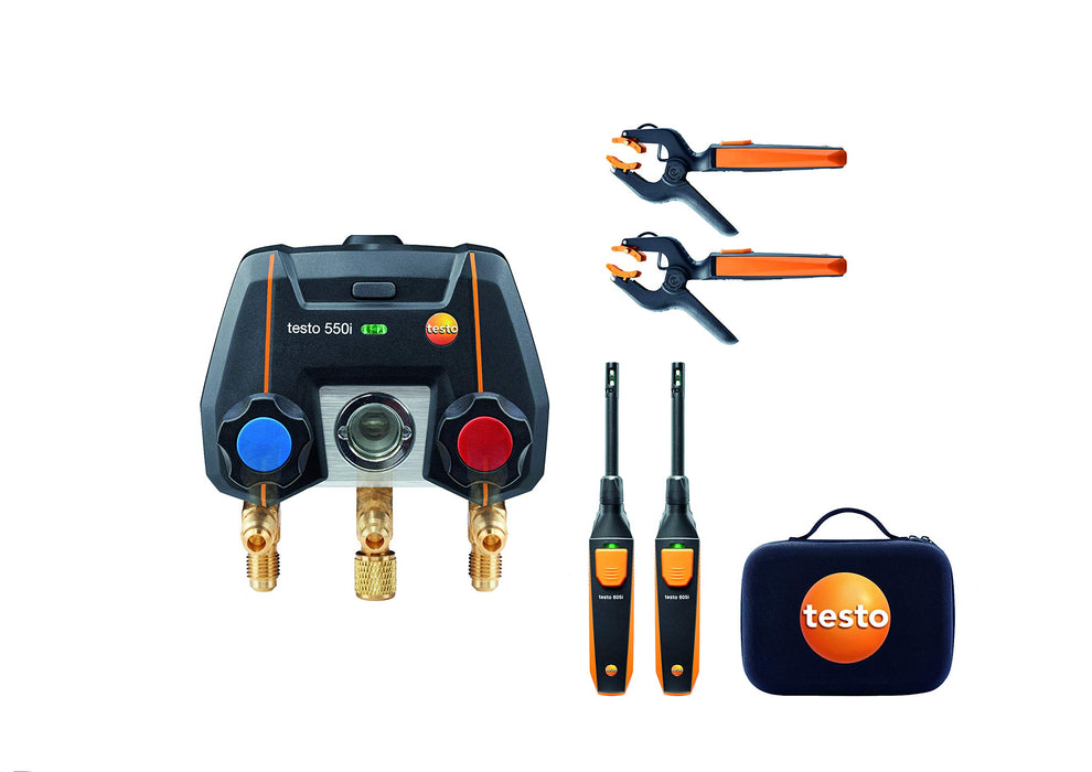 Testo 550i Kit I App Operated Digital Manifold, 2 x 605i Thermohygrometer and 2 x 115i Pipe Clamp Thermometer for air Conditioning, Refrigeration Systems and Heat Pumps – with Bluetooth