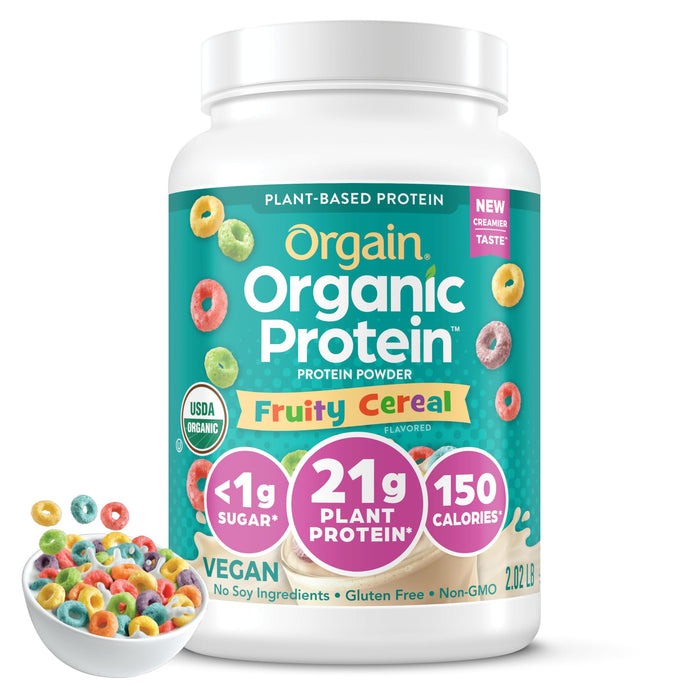 Orgain Organic Vegan Protein Powder, Fruity Cereal - 21g Plant Based Protein, 8g Prebiotic Fiber, Low Net Carb, No Lactose Ingredients, No Added Sugar, Non-GMO, For Shakes & Smoothies, 2.03 lb