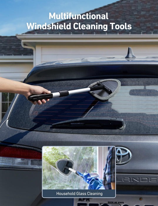 AstroAI Windshield Cleaner, Car Windshield Cleaning Tool Inside with 4 Reusable and Washable Microfiber Pads and Extendable Handle Auto Glass Wiper Kit, Gray