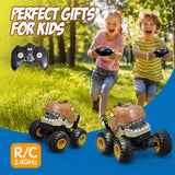 OPMIND Dinosaur Remote Control Car, RC Monster Trucks for Boys Age 4-7, 2.4GHz RC Stunt Car with Spray Lights & Sound, All Terrain Indoor/Outdoor Toys for Kids 3-5 6 7 8-12 Christmas & Birthday Gifts