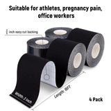 4 Pack Kinesiology Tape for Sports Athletes - 16 FT Waterproof Athletic Tape for The Knee, Elbow and Shoulder Muscles, etc.(5m X 5cm) (Black)