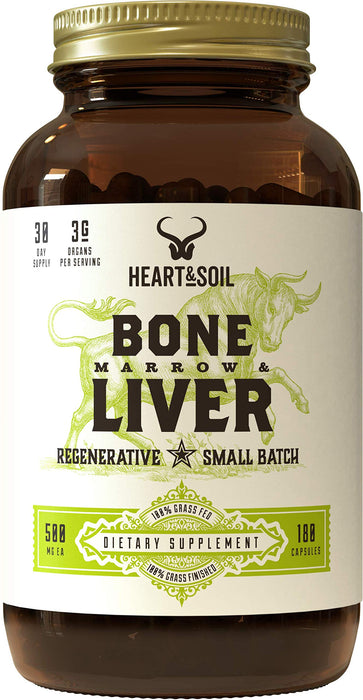 Heart & Soil Grass-Fed Bone Marrow & Liver Supplement (180 Capsules) - Desiccated Organ Supplements to Enhance Mood, Bone, Joint, Tissue, & Skin Health