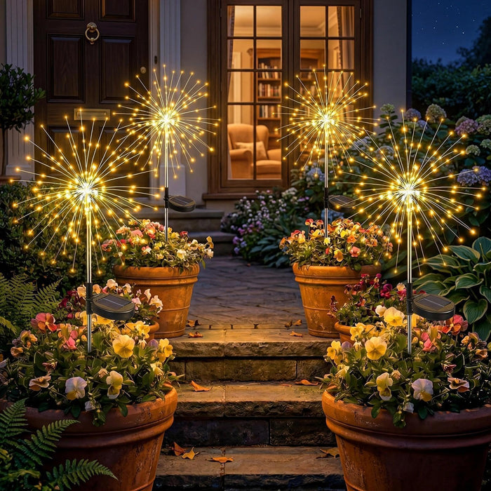 Fairdeer Solar Garden Lights Outdoor 4 Pack, 120LED Solar Starburst Twinkle Firework Lights with 8 Modes,Waterproof Decorative Fairy Light for Yard, Garden, Halloween & Christmas Landscape Decor