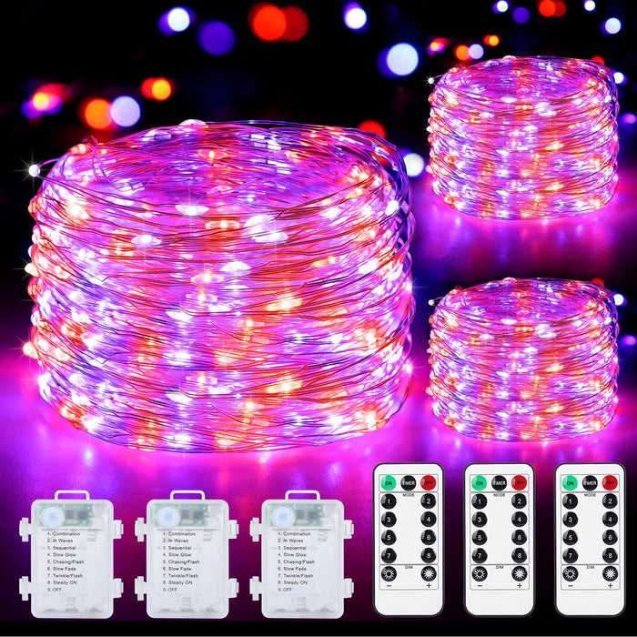 Mlambert 3 Pack 33FT Fairy Lights Battery Operated with Remote and Timer, Dimmable Waterproof 8 Modes Lights for Halloween Christmas-Orange/Purple