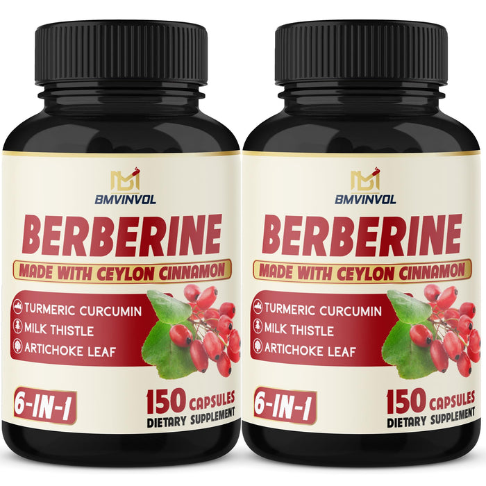 (10 Month Supply) 2 Packs Berberine Supplement 6-in-1-300 Caps - Plus Ceylon Cinnamon, Milk Thistle, Turmeric, Artichoke - Berberine HCl