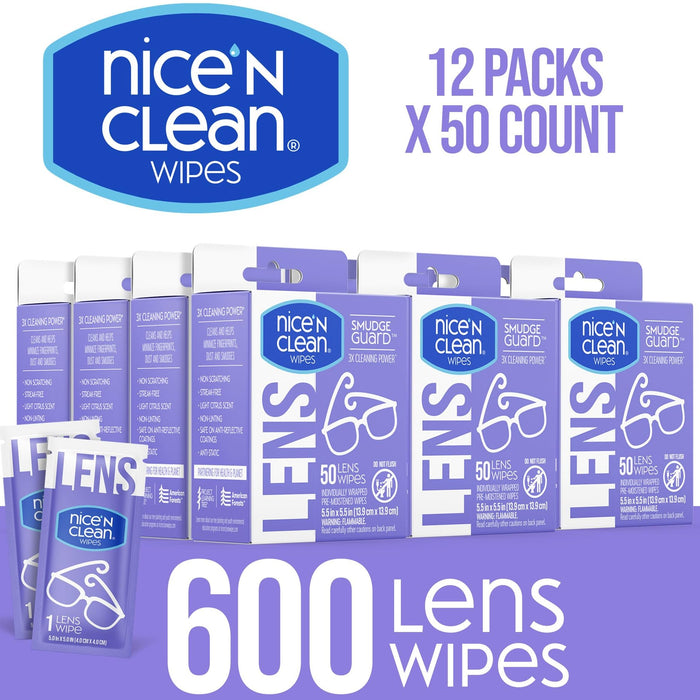 Nice 'n Clean SmudgeGuard Lens Cleaning Wipes (600 Total Wipes) | Pre-Moistened Individually Wrapped Wipes | Non-Scratching & Non-Streaking | Safe for Eyeglasses, Goggles, & Camera Lens