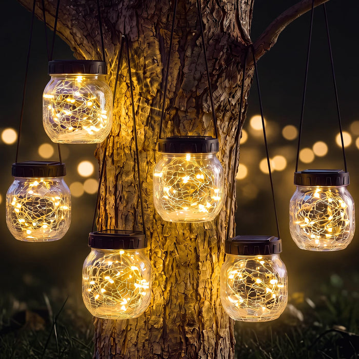 Kolpop Solar Lanterns Outdoor Waterproof 6 Pack, Hanging Solar Lights with 28 LED, Cracked Glass Hanging Globes for Garden Patio Fence Yard Christmas Tree Decoration,Warm White