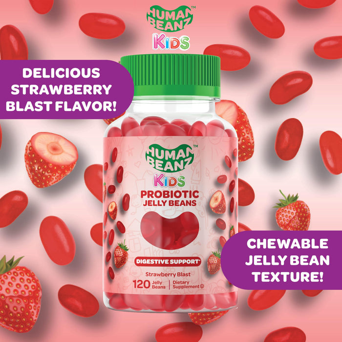 Human Beanz Probiotic Jelly Bean Gummies for Kids, Probiotic Supplements for Digestive Health, Nutritional Vegetarian Supplements, 120 Strawberry Blast Jelly Beans, Kosher