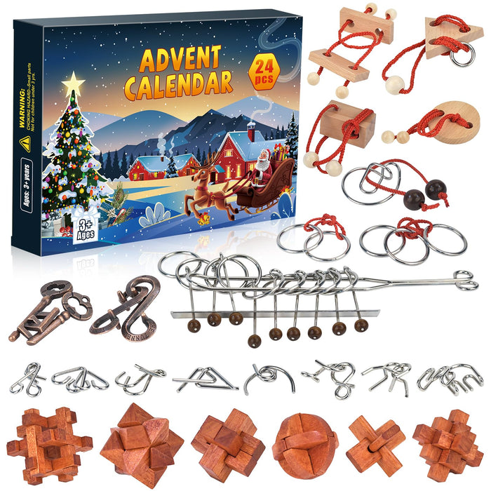 Advent Calendar 2024 Brain Teaser Puzzles for Adults Teens Kids, 24 Pcs Metal & Wood Puzzle Christmas Countdown Calendar with Fun Challenges Toys Game, Xmas Gifts for Boys Girls Teens Adults