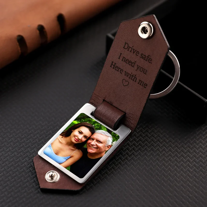 Custom Leather Photo Text Keychain Gifts for Family