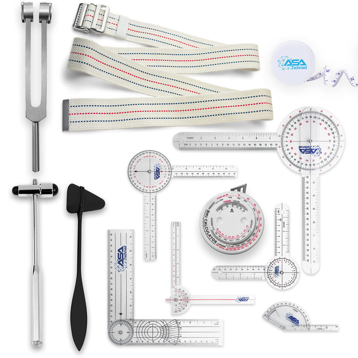 ASA TECHMED Complete Goniometer Set for Occupational Therapy, Physical Therapy - Includes 6, 8, 12 Inches Goniometer Set, Gait Belt, Measuring Tapes, Reflex Hammer