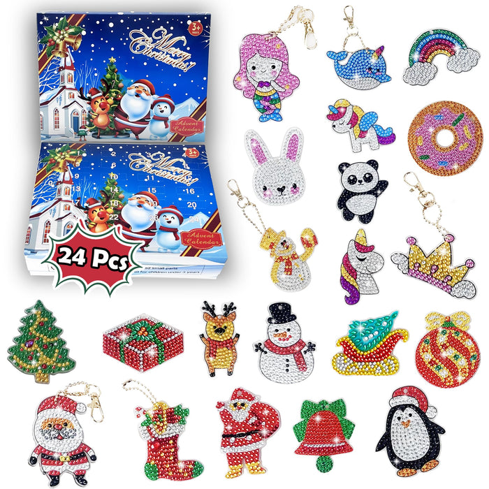 Advent Calendar 2023 Christmas Diamond Painting Keychains Kit, 24 Pcs Surprise Double Sided Christmas Diamond Art Keychains for Girls, DIY Painting by Number Christmas Gift Ideas for Kids Adults