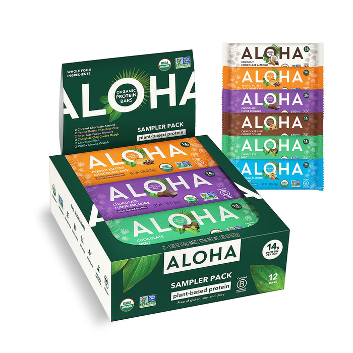 ALOHA Organic Plant Based Protein Bars - 6 Flavor Variety Pack - 12 Count, 1.9oz Bars - Vegan Snacks, Low Sugar, Gluten-Free, Low Carb, Paleo, Non-GMO, Stevia-Free, No Sugar Alcohol Sweeteners