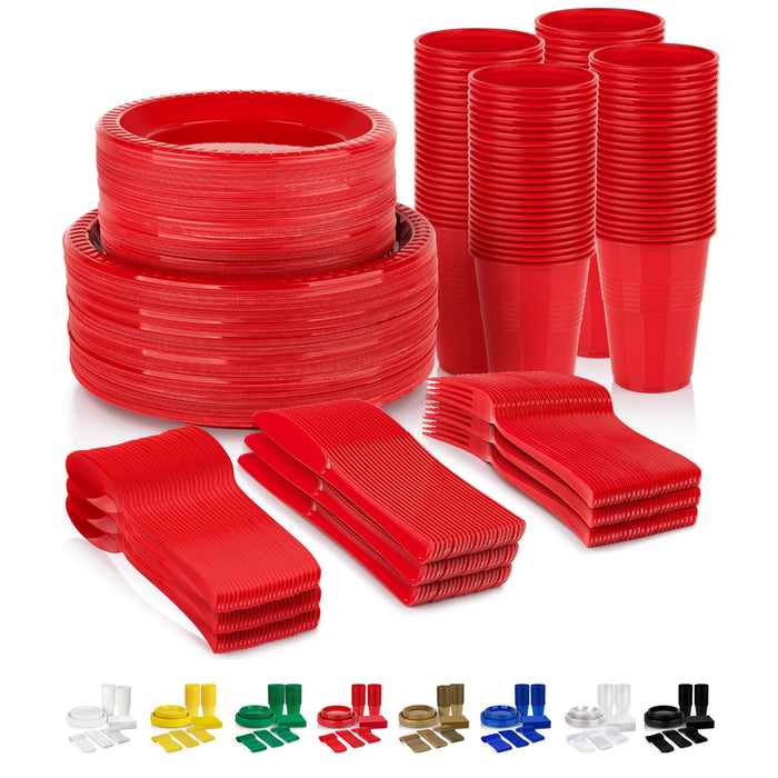 720 Piece Red Disposable Dinnerware Set (120 Guests) Plastic Dinnerware Set Disposable - 120 Count, 9" Dinner Plates, 7" Dessert Plates, 12oz Cups, Forks, Knives & Spoons- Plastic Party Plates Set