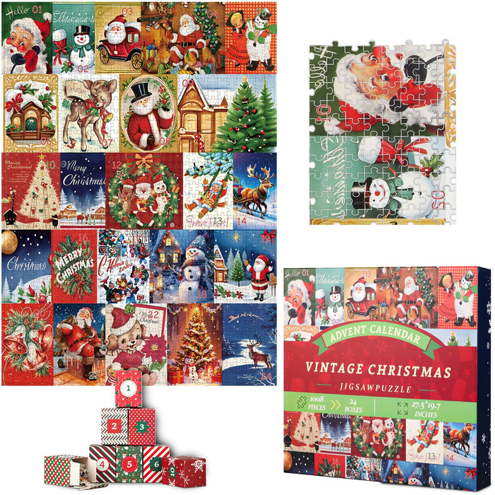 Advent Calendar 2024 Christmas Jigsaw Puzzle - 24 Days Christmas Countdown Calendar Gifts for Kids Teens Adults Girls Boys - 24 Boxes 1008 Pieces Xmas Jigsaw Puzzle Holiday Countdown Gift for Adult