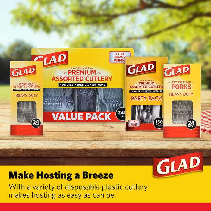 Glad Premium Assorted Plastic Cutlery | Clear Extra Heavy Duty forks, Knives, And Spoons | 150 Piece Set of Disposable Party Utensils, and Sturdy Cutlery