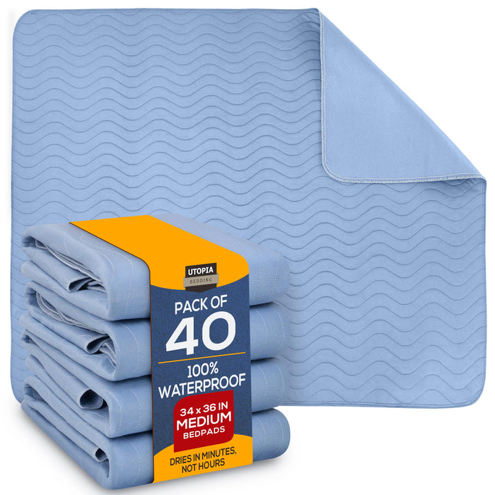 Utopia Bedding Waterproof Incontinence Bed Pads 34 x 36 Inches (Pack of 40, Blue), Washable and Reusable Underpads for Adults, Elderly and Pets, Absorbent Protective Pads