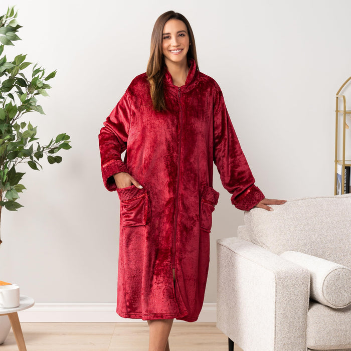 PAVILIA Womens Housecoat Zip Robe, Fleece Zip Up Front Robe Bathrobe, Plush Warm Zipper House Coat Lounger for Women Ladies Elderly with Satin Trim, Pockets, Long Plus Size - Wine Red (2x/3x)