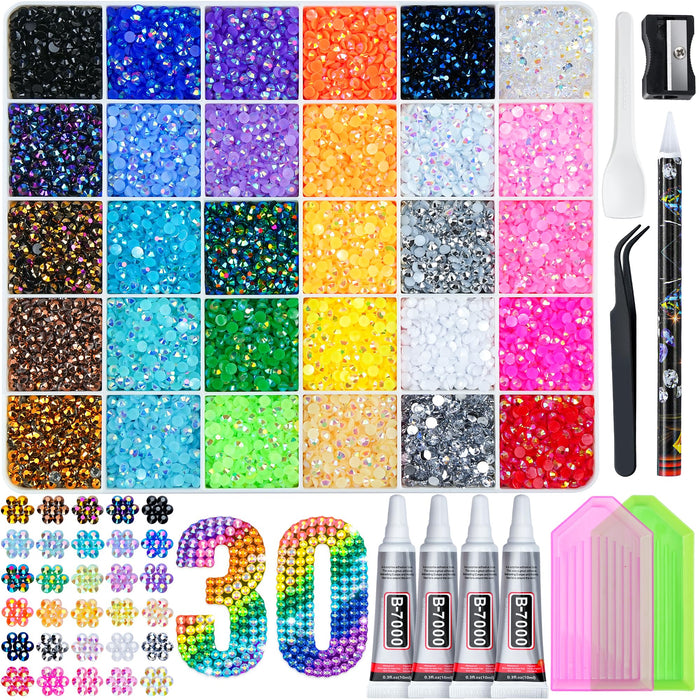 LOTWOW 40000 Pcs Resin Jelly Rhinestones Kit, 30 Colors 3mm Flatback Rhinestones with 4 Pcs B7000 Jewelry Glue & Tools, All-in-One Bedazzling Kit for DIY Arts & Crafts Mothers Day Gifts