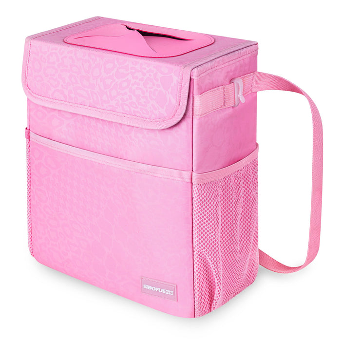 SIBOFUEGO Car Trash Can Cute - Multifunctional Interior Car Accessory for Women, Car Organizer and Storage with Adjustable Straps, Car Stuff Storage 2 Gallons (Leopard-Print Pink)