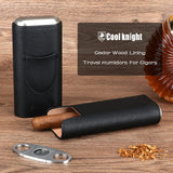 COOL KNIGHT Leather Cigar Case - Cedar Wood Lining Travel Humidors for Cigars - Cigar Accessories Include Stainless Steel Cigar Cutter - Cigar Gift Box for Cigar Lovers (Black)