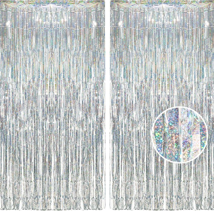 BRAVESHINE Silver Metallic Tinsel Foil Fringe Curtains - 2Pcs 3.2x8.2ft Photo Backdrop for 21-st Birthdays Decorations Christmas Bridal Bachelorette Anniversary Engagement Party Decorations