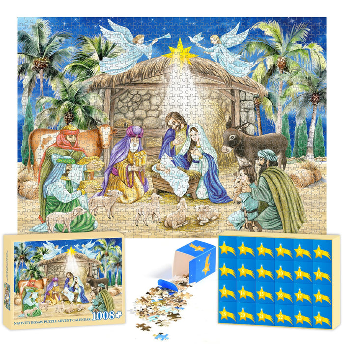 Nativity Puzzle Advent Calendar 2024 Adult,1008pcs Christmas Jigsaw Puzzle for Teens Men Women, 24 Day Christmas Countdown Calendars Xmas Suprise Gift for Family Friends