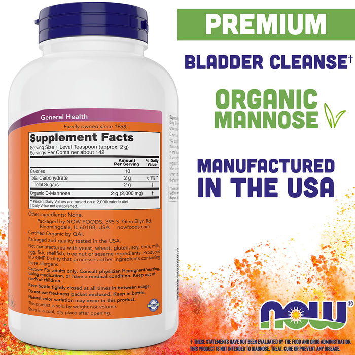 NOW Foods Pure, Organic D-Mannose 10 oz Powder - Bladder Cleanse and Urinary Tract Health Supplement - Non-GMO - Vegan Friendly - 2000mg / 2 Grams per Serving