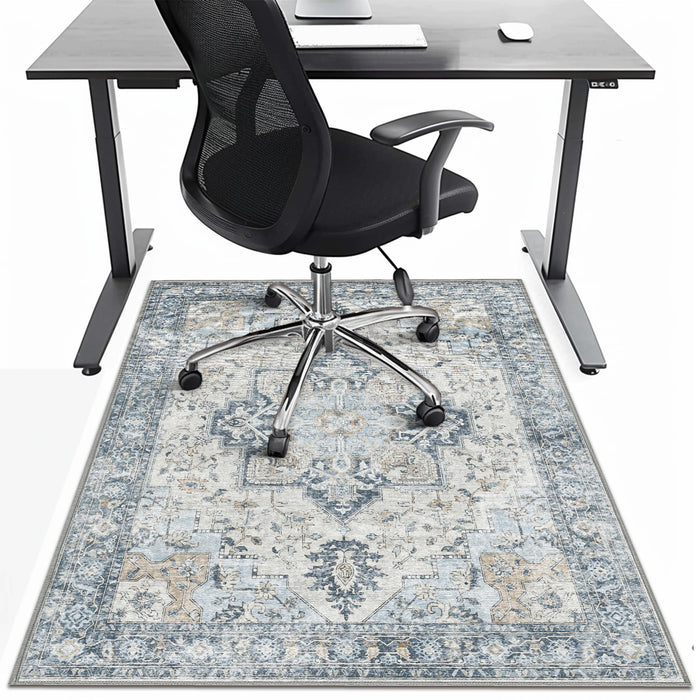 48"x60" Office Chair Mat for Hardwood Tile Floor, Under Desk Carpet Protector for Rolling Computer Chair Mat, Machine Washable Area Rug, Anti-Slip 1/5" Thick Low Pile Thin Vinyl Floor Mat, Blue