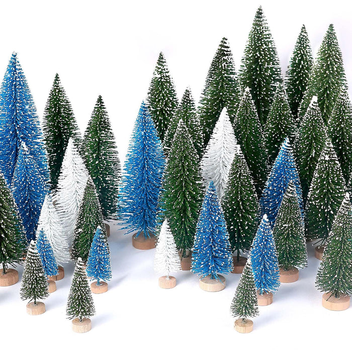 30Pcs Mini Christmas Trees Artificial Christmas Tree Bottle Brush Trees with Wooden Base for Christmas Decor Christmas Party Home Table Craft Decorations(Green+Blue+White)