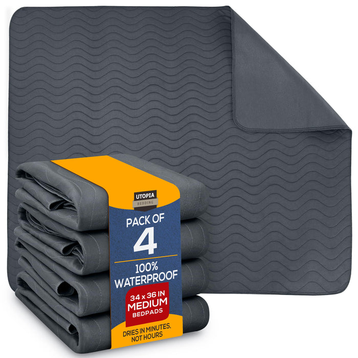 Utopia Bedding Waterproof Incontinence Bed Pads 34 x 36 Inches (Pack of 4, Gray), Washable and Reusable Underpads for Adults, Elderly and Pets, Absorbent Protective Pads