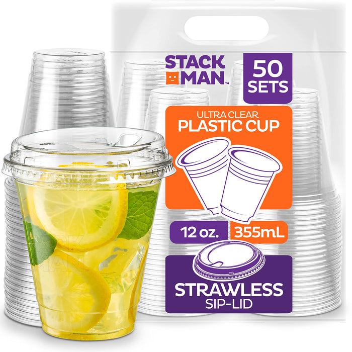 12 oz Clear Plastic Cups with Strawless Sip-Lids [50 Sets] PET Crystal Clear Disposable 16oz Plastic Cups with Lids - Crystal Clear, Durable Cup - BPA Free + Crack Resistant, for Coffee, Juice, Shakes